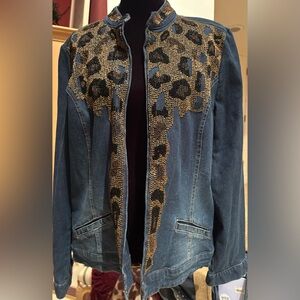 Chico's Blue Denim Jacket with Leopard Accents
